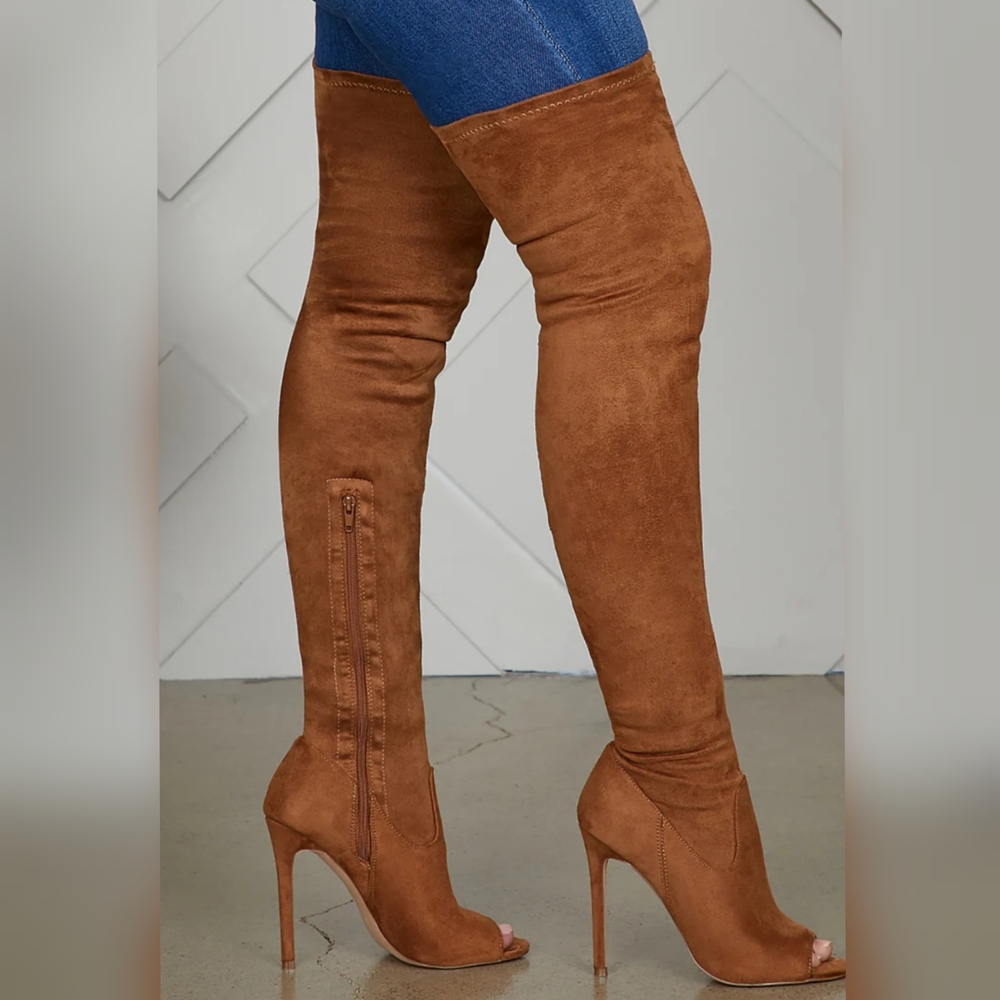 Lily Kloset Lori ThighOver-the-Knee Peep Toe Chestnut Suede Boots - 8.5